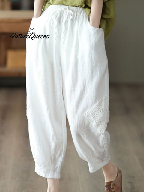 Women's  Lace Stitching Cotton And Linen Casual Pants