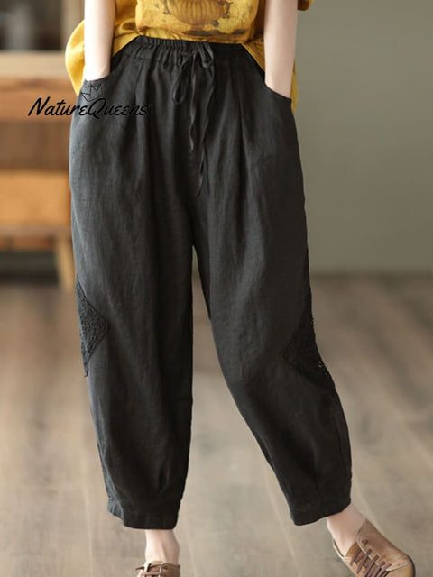 Women's  Lace Stitching Cotton And Linen Casual Pants