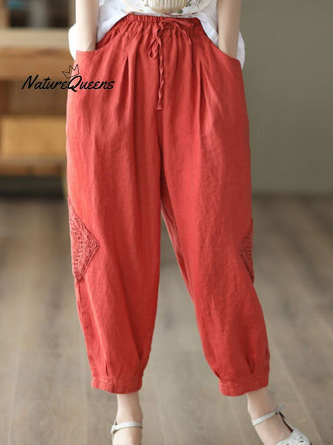 Women's  Lace Stitching Cotton And Linen Casual Pants