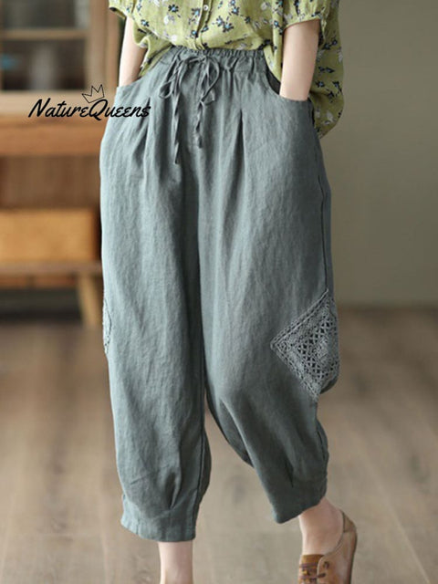 Women's  Lace Stitching Cotton And Linen Casual Pants