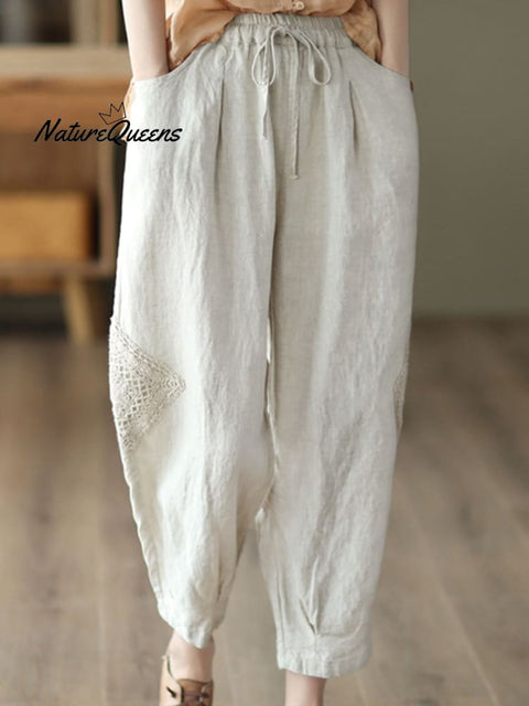 Women's  Lace Stitching Cotton And Linen Casual Pants