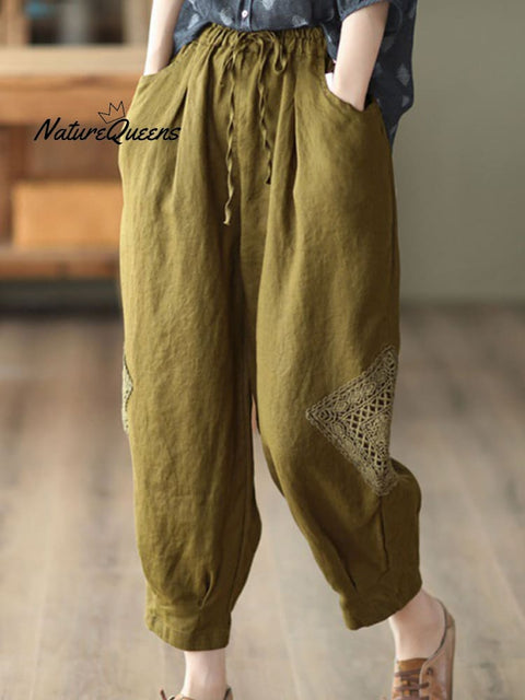 Women's  Lace Stitching Cotton And Linen Casual Pants