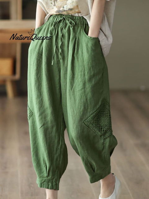Women's  Lace Stitching Cotton And Linen Casual Pants