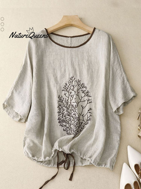 Women's  Embroidered Cotton And Linen Round Neck Short-sleeved Drawstring Top