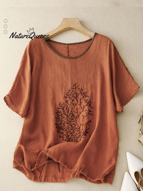 Women's  Embroidered Cotton And Linen Round Neck Short-sleeved Drawstring Top