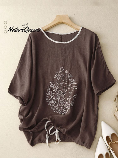 Women's  Embroidered Cotton And Linen Round Neck Short-sleeved Drawstring Top