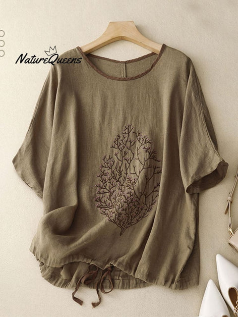 Women's  Embroidered Cotton And Linen Round Neck Short-sleeved Drawstring Top