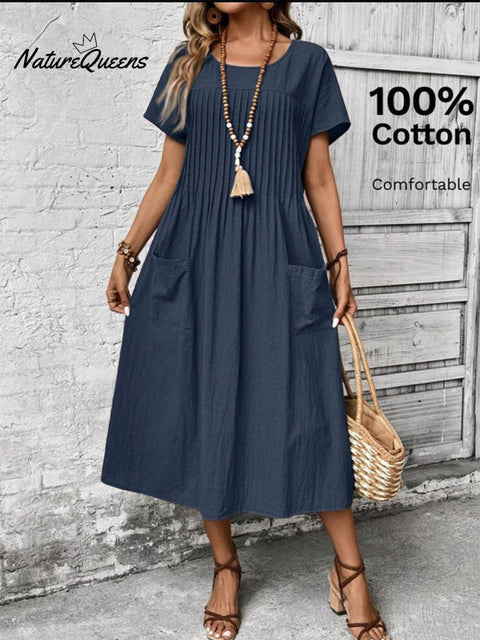 Women's Pleated Crew Neck Casual Pocket Short Sleeve Dress