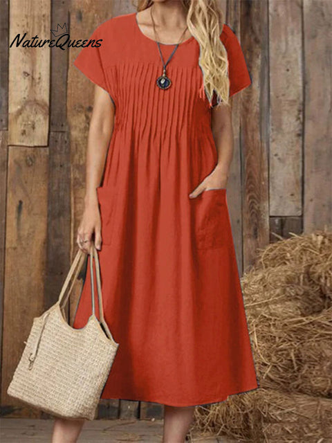 Women's Pleated Crew Neck Casual Pocket Short Sleeve Dress