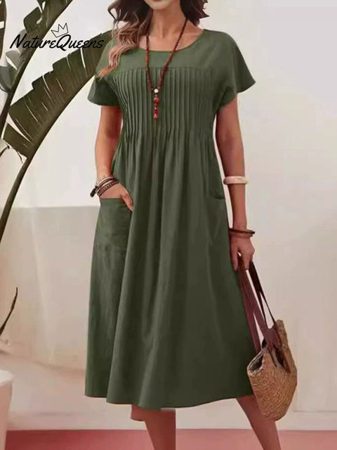 Women's Pleated Crew Neck Casual Pocket Short Sleeve Dress