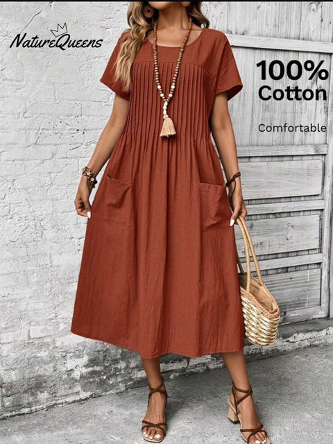 Women's Pleated Crew Neck Casual Pocket Short Sleeve Dress