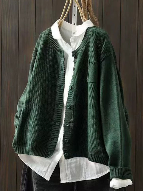 Women's Solid Color Pocket Round Neck Sweater Knitted Jacket