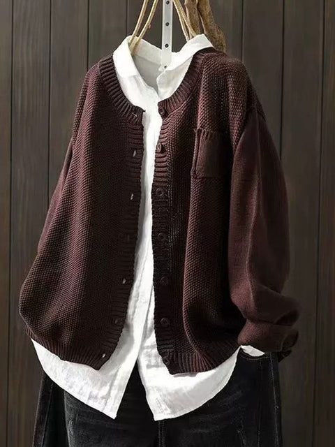 Women's Solid Color Pocket Round Neck Sweater Knitted Jacket