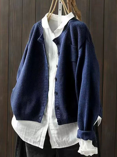 Women's Solid Color Pocket Round Neck Sweater Knitted Jacket