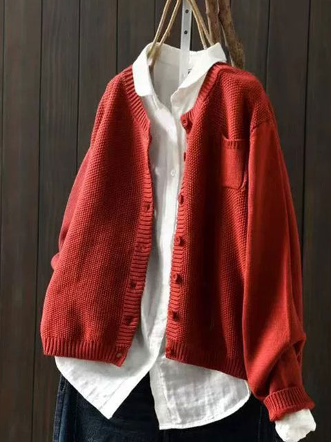 Women's Solid Color Pocket Round Neck Sweater Knitted Jacket