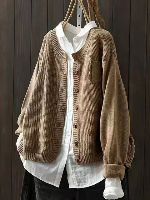 Women's Solid Color Pocket Round Neck Sweater Knitted Jacket