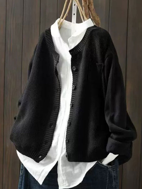 Women's Solid Color Pocket Round Neck Sweater Knitted Jacket