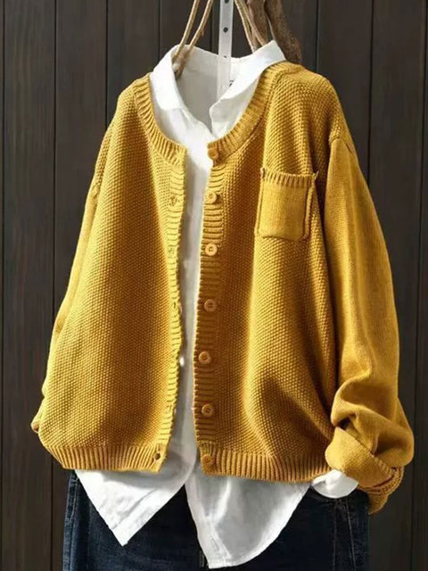 Women's Solid Color Pocket Round Neck Sweater Knitted Jacket