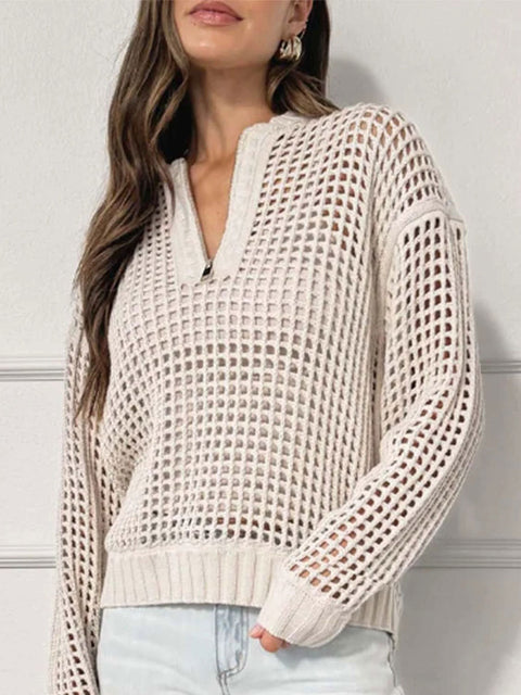 Women's Pullover Zipper Half-open Hollow Long-sleeved Sweater