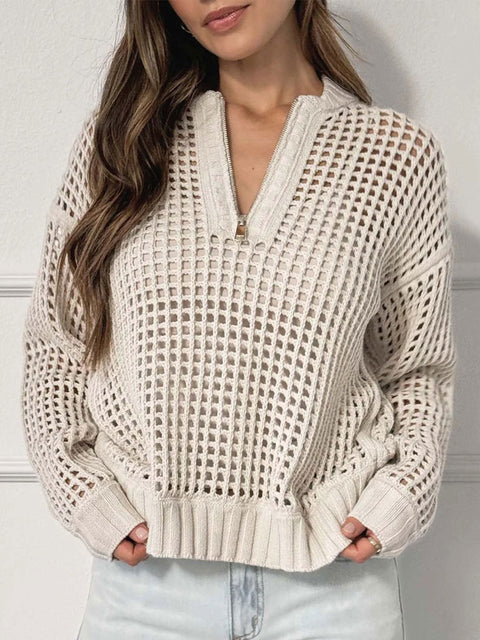 Women's Pullover Zipper Half-open Hollow Long-sleeved Sweater