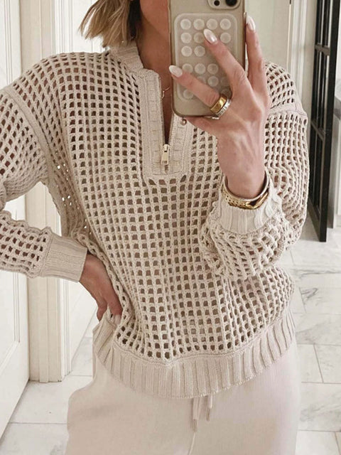 Women's Pullover Zipper Half-open Hollow Long-sleeved Sweater