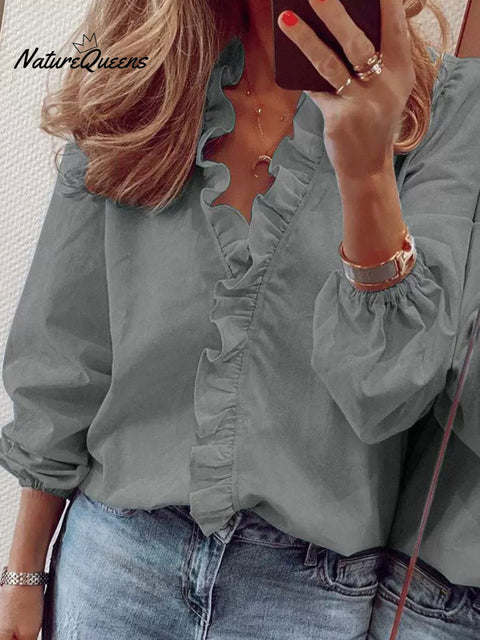 Women's Solid Color  Casual Cotton And Linen Ruffle Shirt