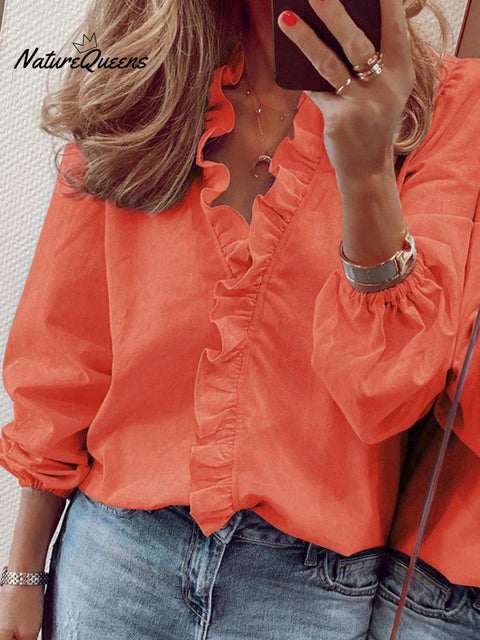 Women's Solid Color  Casual Cotton And Linen Ruffle Shirt