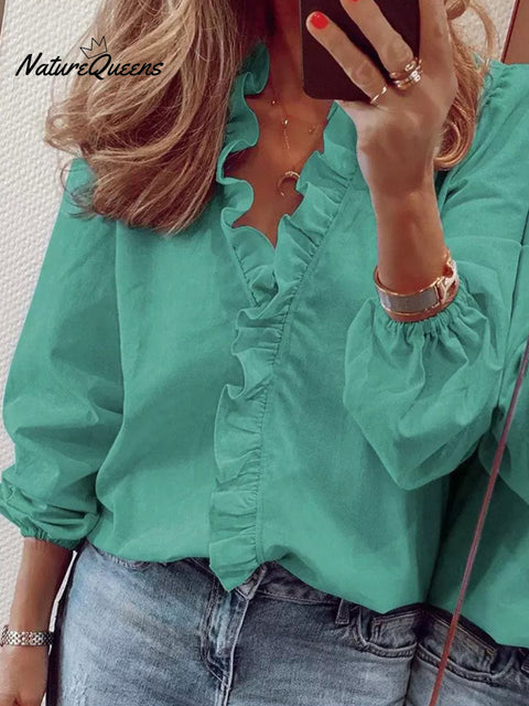 Women's Solid Color  Casual Cotton And Linen Ruffle Shirt