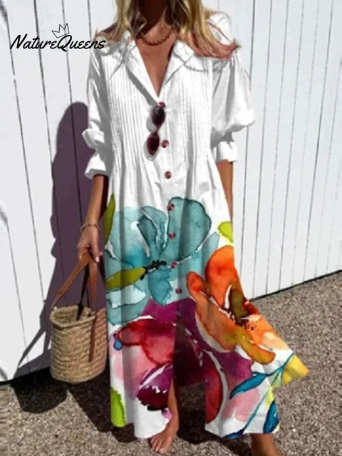 Women's Floral Art Print Pleated Casual Dress