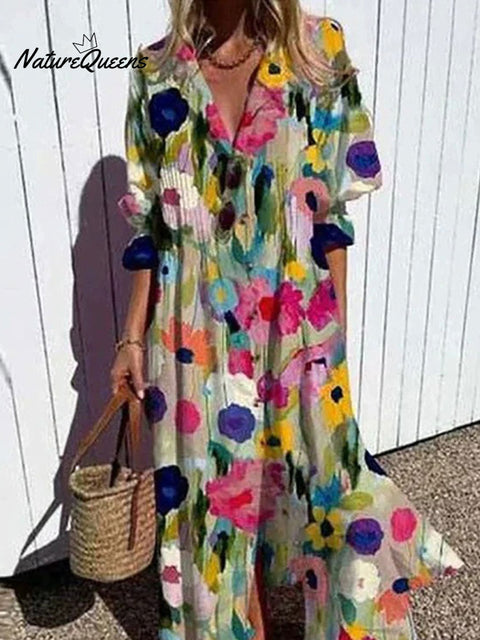 Women's Floral Art Print Pleated Casual Dress