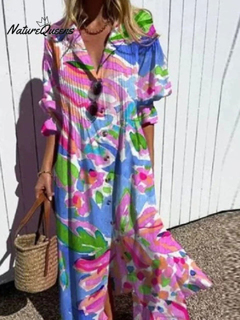 Women's Floral Art Print Pleated Casual Dress