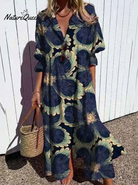 Women's Floral Art Print Pleated Casual Dress
