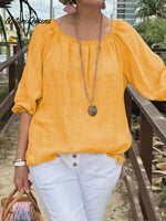 Women's Casual Solid Color Round Neck Pullover Cotton And Linen Shirt