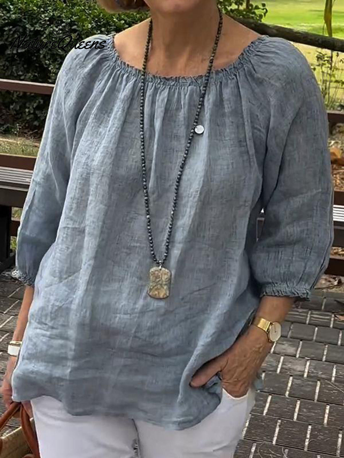 Women's Casual Solid Color Round Neck Pullover Cotton And Linen Shirt