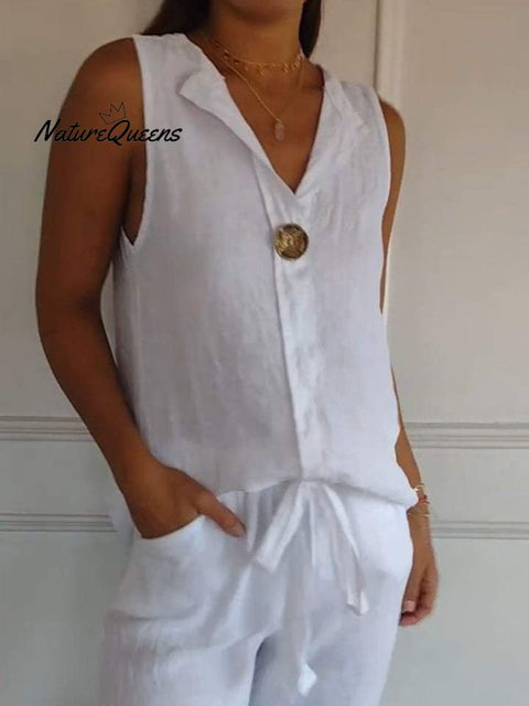 Women's V-Neck Cotton And Linen Sleeveless Casual Summer Shirt