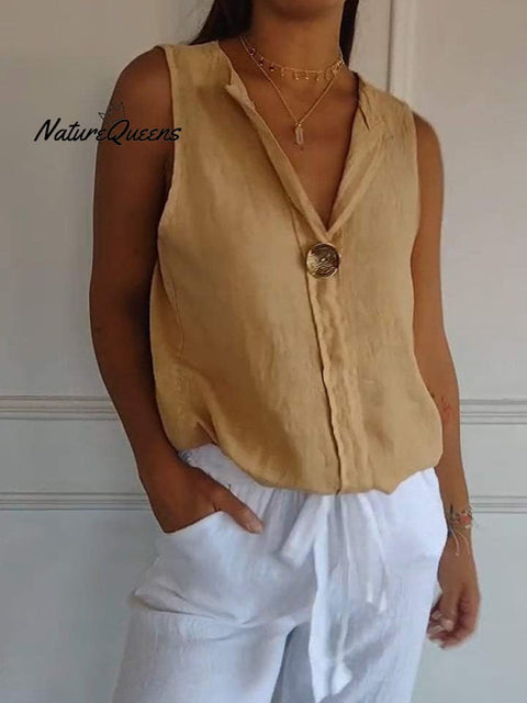 Women's V-Neck Cotton And Linen Sleeveless Casual Summer Shirt