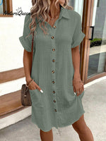 Women's Summer Simplistic V-Neck Button Down Cotton And Linen Shirt Dress