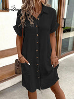 Women's Summer Simplistic V-Neck Button Down Cotton And Linen Shirt Dress