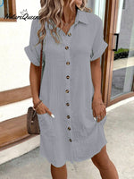 Women's Summer Simplistic V-Neck Button Down Cotton And Linen Shirt Dress