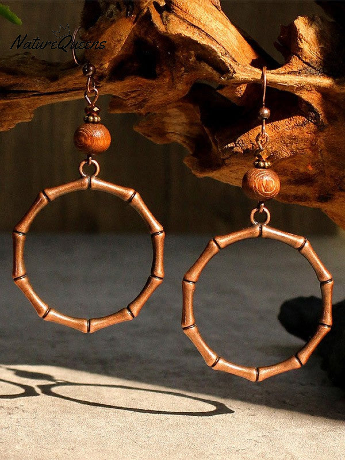 Vintage Wooden Beads Hand Woven Geometric Hollowed Wooden Earrings