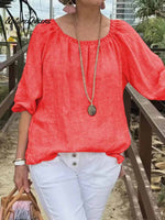 Ladies Solid Color Round Neck Mid Sleeve Pullover Cotton and Linen Casual Tops