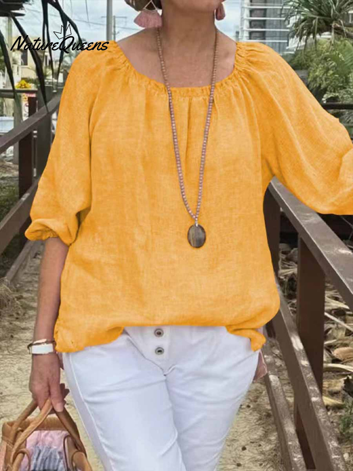 Ladies Solid Color Round Neck Mid Sleeve Pullover Cotton and Linen Casual Tops