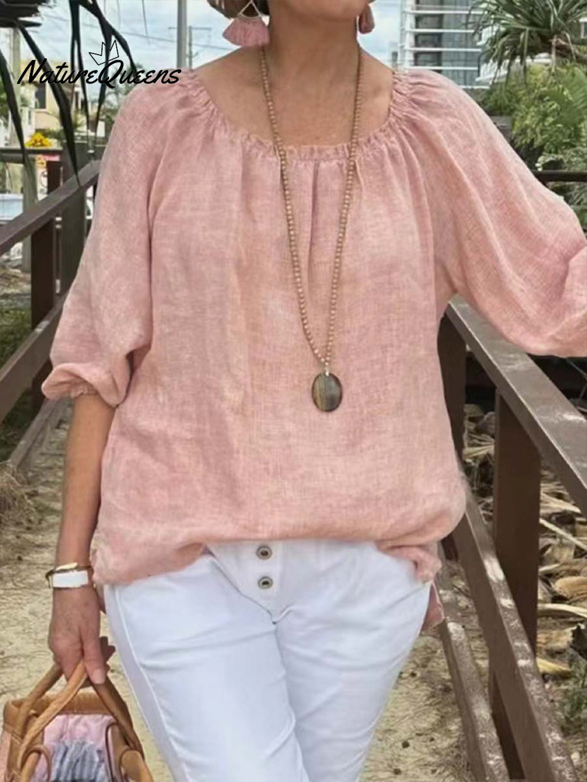 Ladies Solid Color Round Neck Mid Sleeve Pullover Cotton and Linen Casual Tops