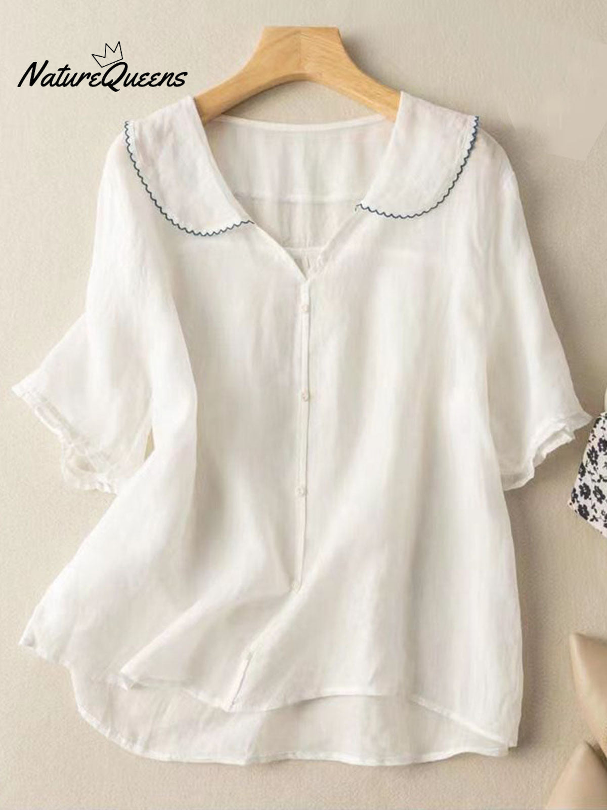 Women's Solid Color Peter Pan Collar Casual Linen Half Sleeve Shirt