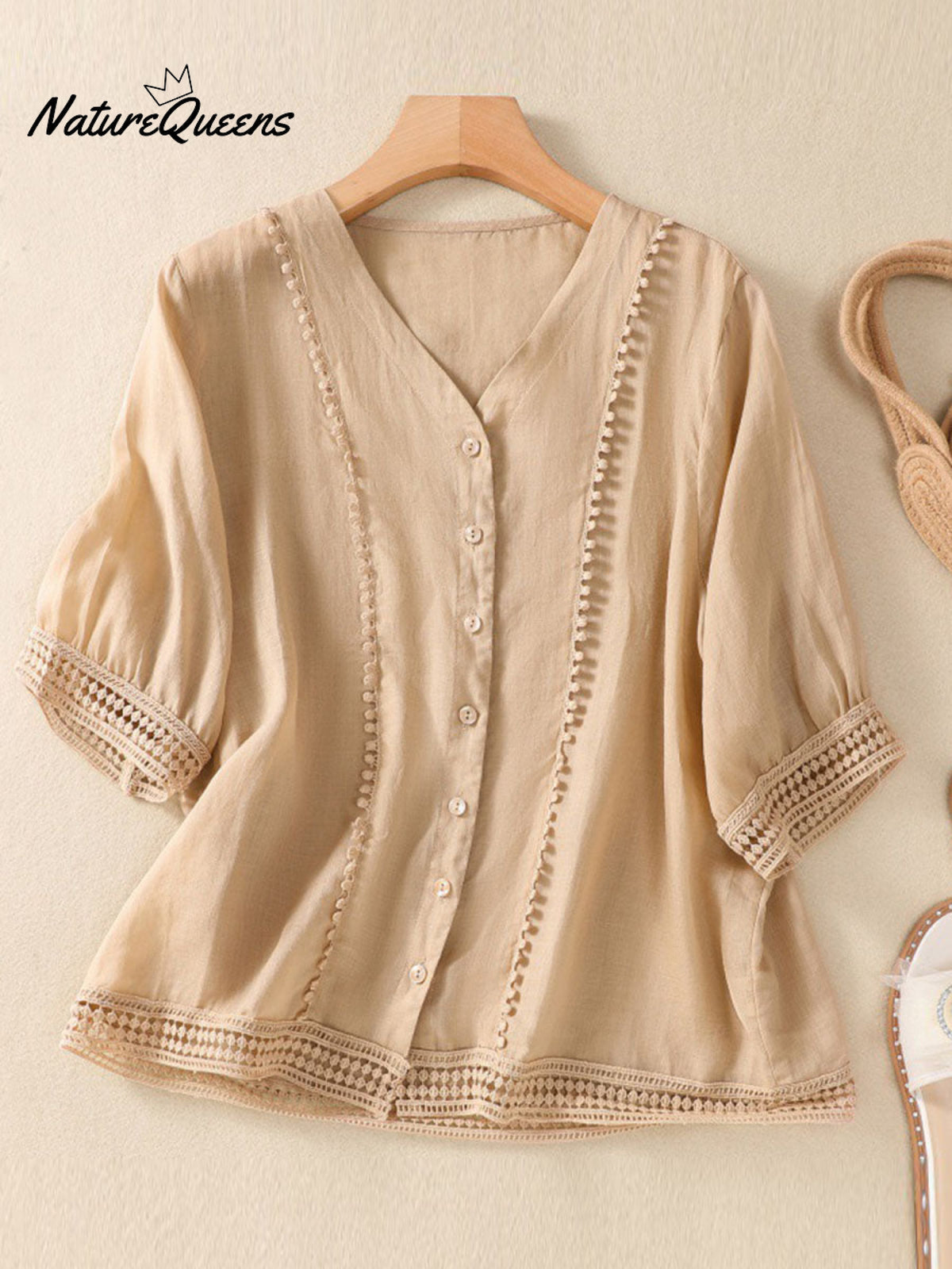 Women's V-neck Short Sleeve Crochet Casual Linen Cardigan Shirt