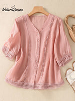 Women's V-neck Short Sleeve Crochet Casual Linen Cardigan Shirt