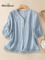 Women's V-neck Short Sleeve Crochet Casual Linen Cardigan Shirt