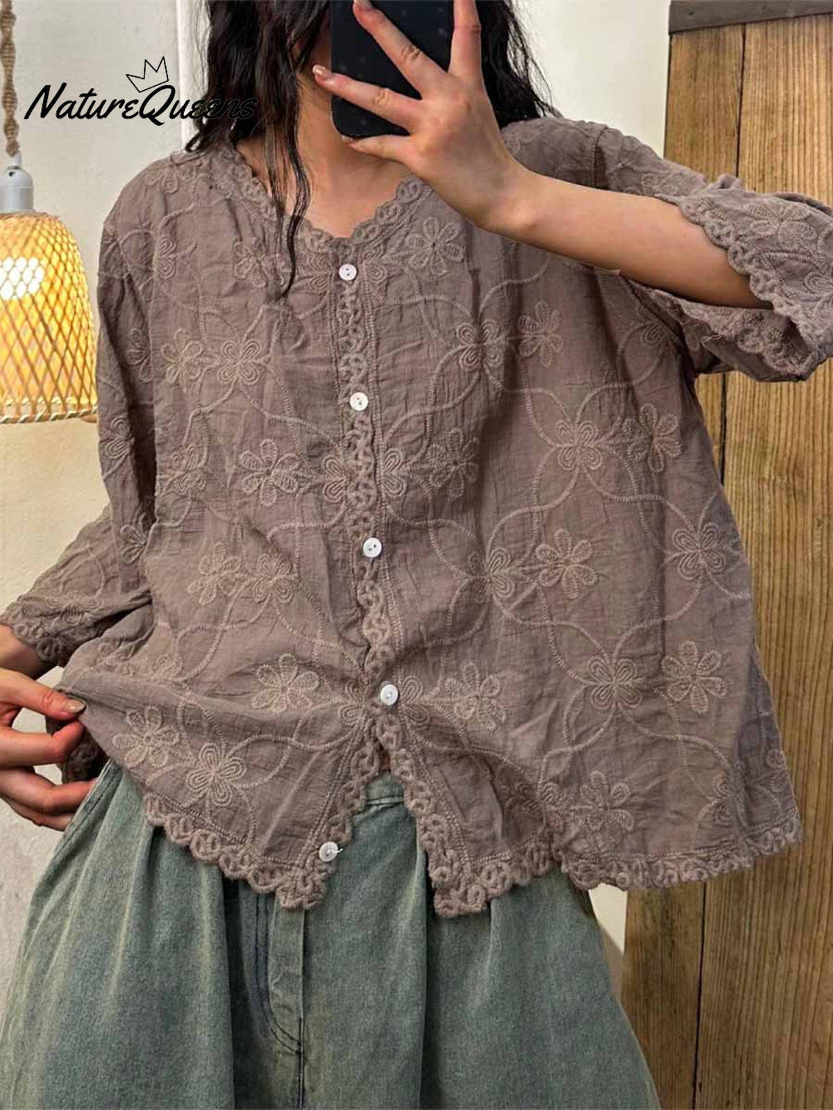 Women's V-neck Half Sleeve Embroidered Cardigan Buttoned Casual Linen Top