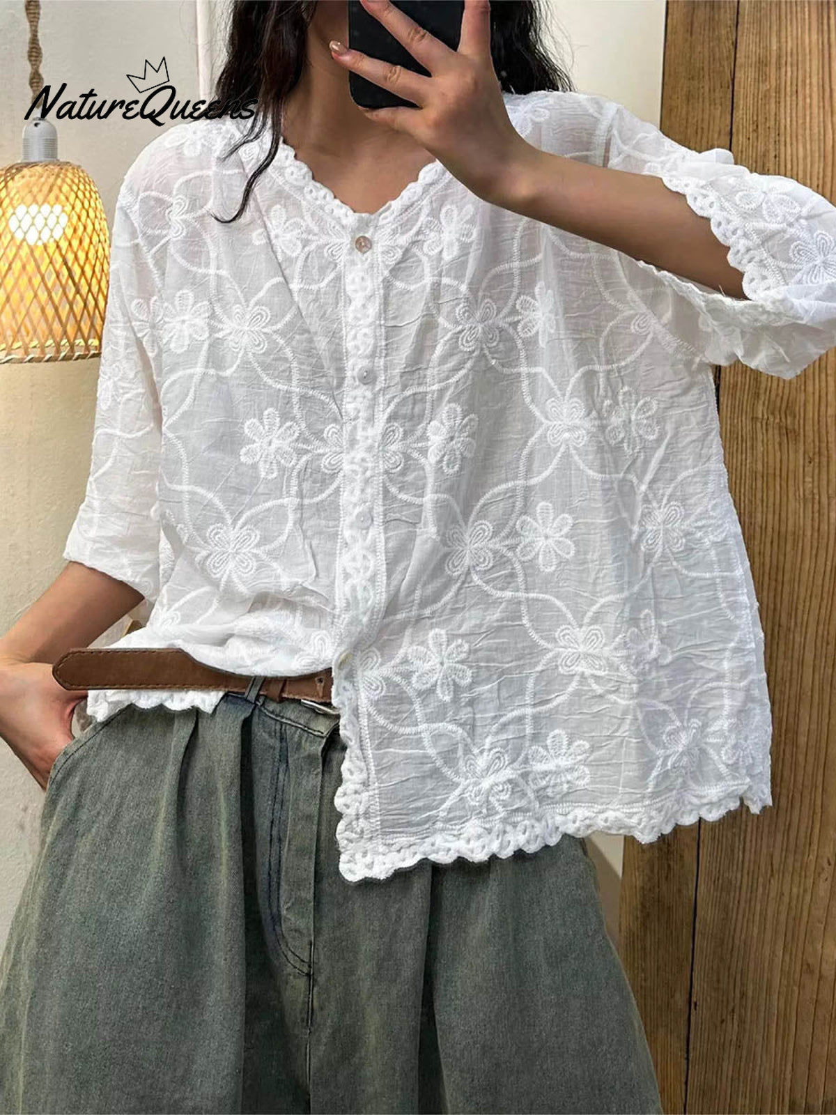 Women's V-neck Half Sleeve Embroidered Cardigan Buttoned Casual Linen Top