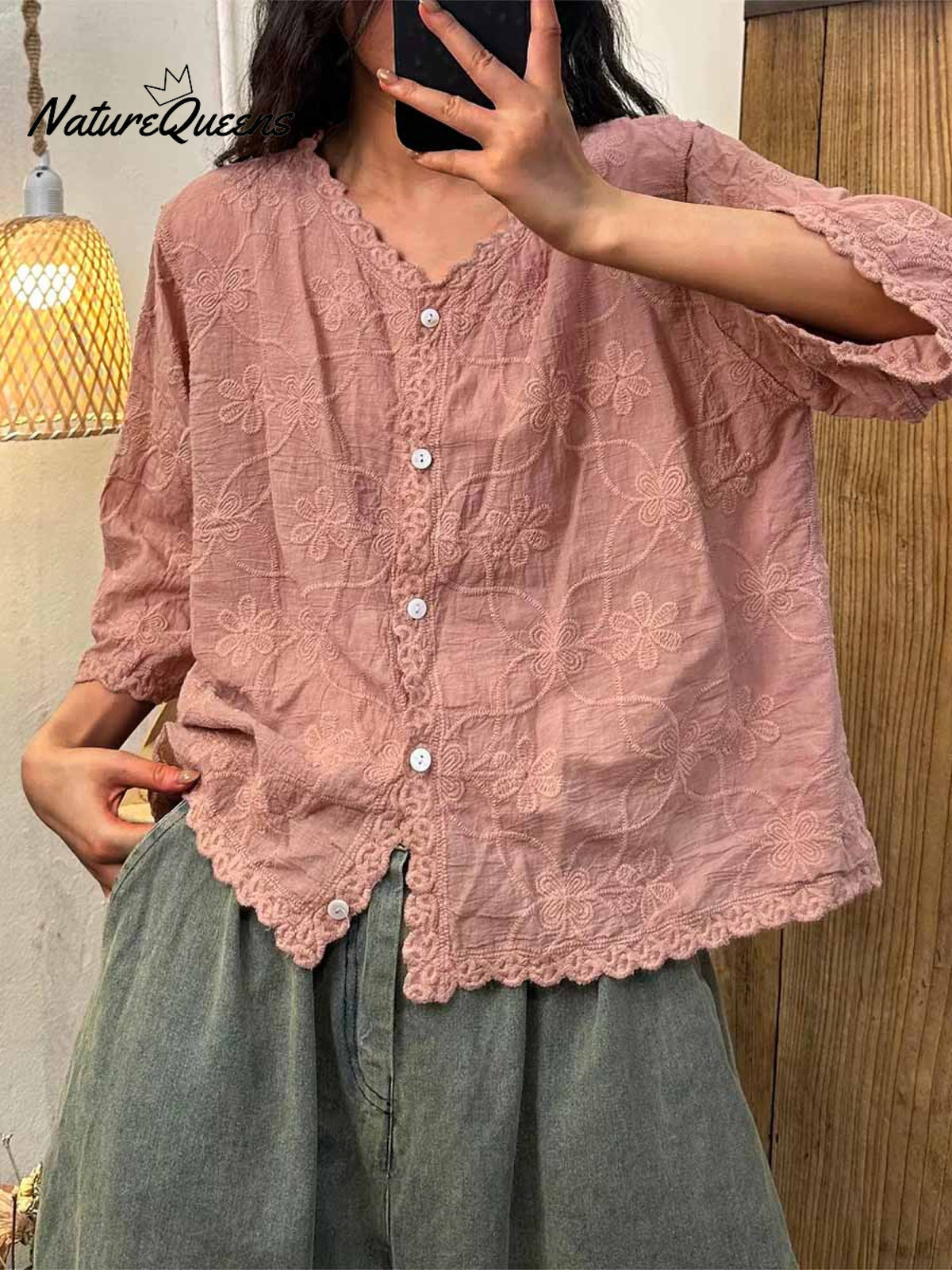 Women's V-neck Half Sleeve Embroidered Cardigan Buttoned Casual Linen Top